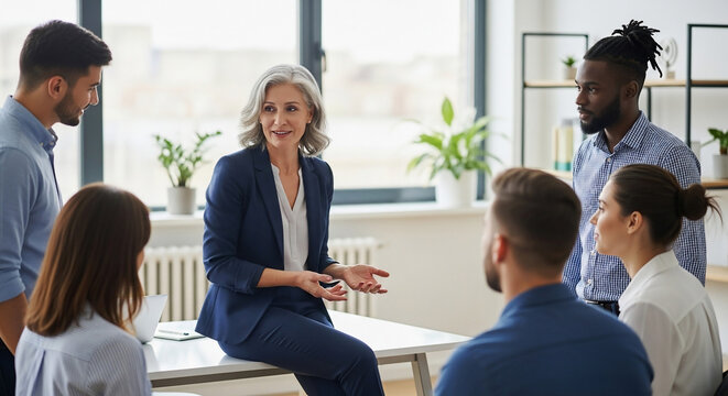 Experienced Female Executive Mentoring Diverse Startup Team in Modern Open-Plan Office Space