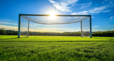 Obraz premium A soccer goal stands in a vast green field under a bright blue sky with the sun shining through.