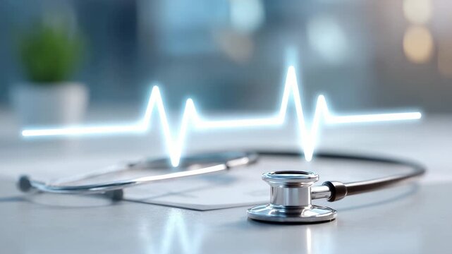 Medical stethoscope on a desk with a holographic ecgekg waveform displaying normal sinus rhythm, symbolizing cardiology diagnostics, patient monitoring and modern healthcare tech
