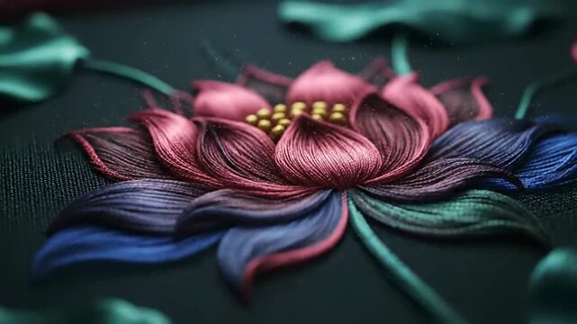 Elegant red thread on dark fabric with sparkling particles