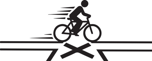 Obraz premium Cyclist riding quickly over railroad tracks with caution sign