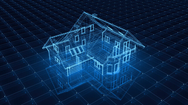 3D blue wireframe of a house on a digital grid background, smart home and architectural technology concept.