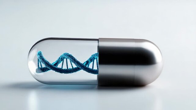 Genetic engineering and gene therapy concept showing a futuristic pill with a dna helix rotating inside, a scientific breakthrough in modern medicine isolated on a white background with reflection