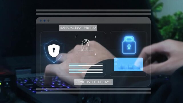 Cybersecurity concept, businessman using laptop with cyber security interface to log on to digital devices, emphasizing data privacy and network security. Secure access and data.