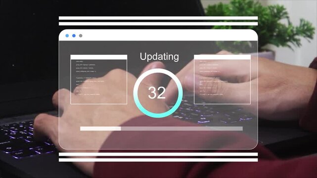 Firmware, Software, or Operating System update. Hand using computer with an increasing percent progress bar screen. Installing software application, new patch, hardware upgrade.