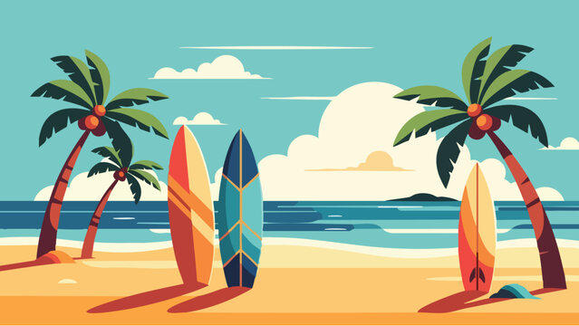 Vibrant beach scene with colorful surfboards and palm trees on sandy shore by ocean on transparent background
