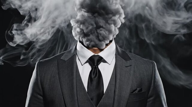 Conceptual video of a businessman's head disappearing and exploding in a cloud of smoke, symbolizing stress, burnout, information overload, and mental breakdown from overworking