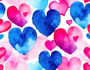 Bright watercolor pink and blue abstract hearts on a white background
