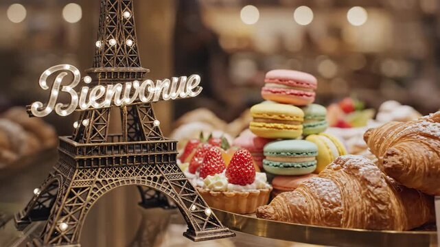 Bakery showcase with croissants and colorful macarons