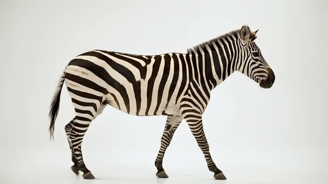 Zebra walking gracefully on a plain white background in studio setting