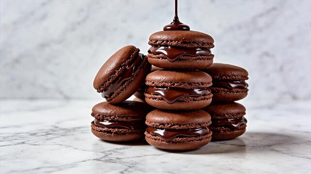 Chocolate macarons with dripping chocolate