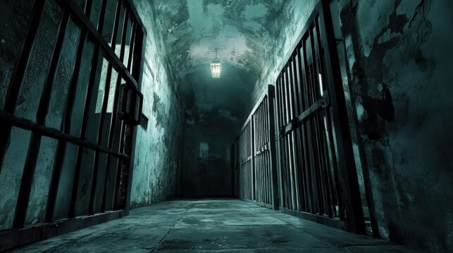 Dark, Moody Prison Cell Interior with Metal Grille and Concrete Walls - Dramatic Lighting and Claustrophobic Atmosphere.