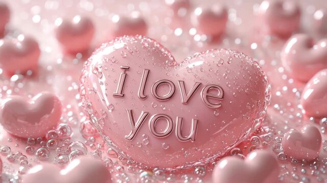 Pink heart with message for love surrounded by smaller hearts and bubbles in a simple setting