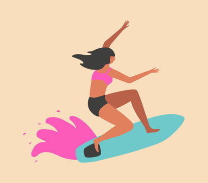 A girl rides a surfboard on the waves. Cartoon vector illustration