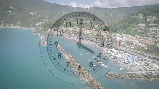 Camera pulling back semi-transparent analog clock rotating over harbor showing time passing