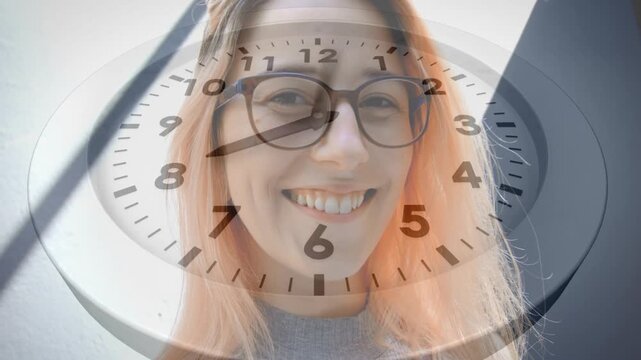 Woman smiling and shifting gaze with glasses while clock overlay rotating, marking time for design