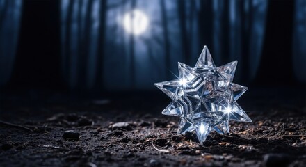 Sparkling crystal star on dark forest floor under moonlight