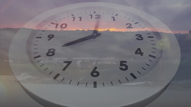 Moon fading and horizon brightening starting scene, analog clock hands rotating, showing dawn