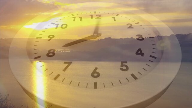 On playback composite clock face rotating while golden sunlight shifting to visualize passing time