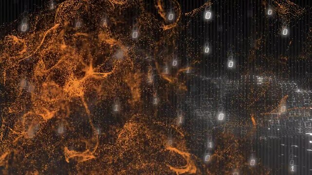 Data pulsing left orange cloud shedding strands as right white binary grid forming showing split