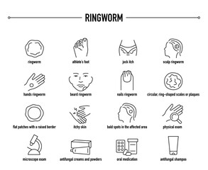Ringworm symptoms, diagnostic and treatment vector icon set