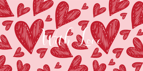 Creative concept for a Happy Valentine's Day greeting card. Modern abstract art background with hand-drawn red hearts pattern on pink. Vector illustration.