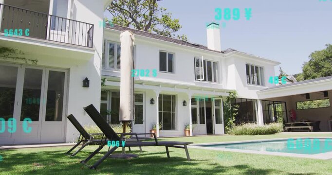 Teal numbers appearing after shot, shifting and clustering across house and pool, showing sensors