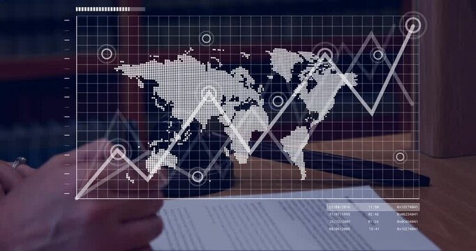 Holographic world map appearing, line graph animating right, nodes pulsing, showing global trend