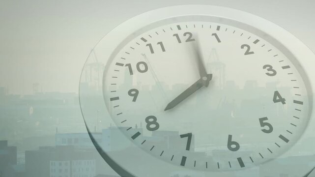 Playback speeding analog clock sweeping minute blurring hour lagging showing time over hazy skyline