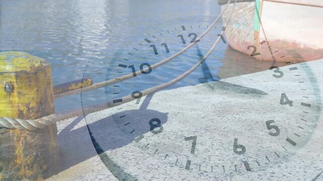 Crossfade shifting left bringing yellow bollard forward, clock hands rotating, showing passing time