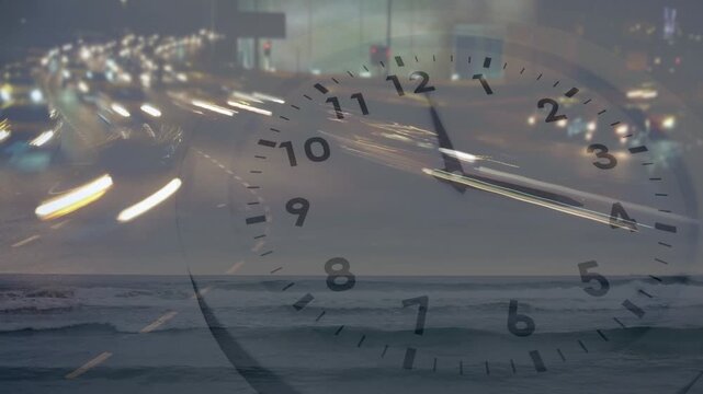 When clip starts analog clock rotating, car lights sweeping, waves drifting, showing time passing