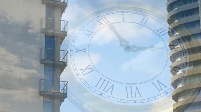 On play, translucent clock face rotating clockwise, sending ripples and marking time