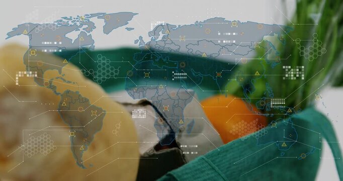 Camera pushing forward revealing green bag produce, focusing bread and peppers for product HUD