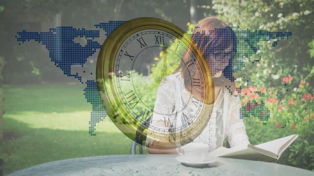 Woman paging reaching cup looking up as overlays appearing overlaying map and clock for travel