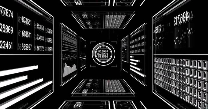 Cam zooming, hub cycling digits while panels filling charts and code showing data then simplifying