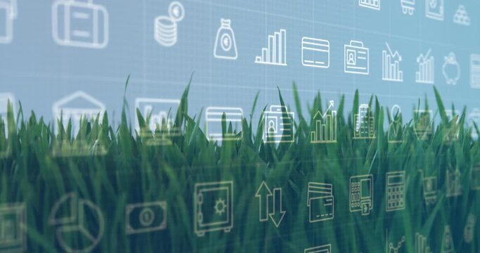 Camera shifting, green grass swaying, finance icons sliding and pulsing, showing finance vs nature