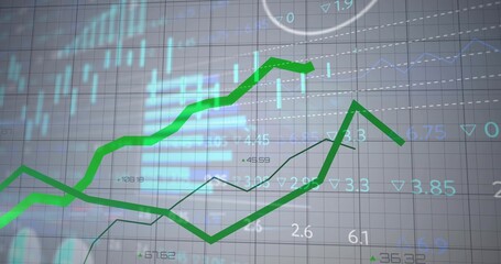 Showing bright thick green line climbing across trading screen, with thin dark line, blue bars © vectorfusionart