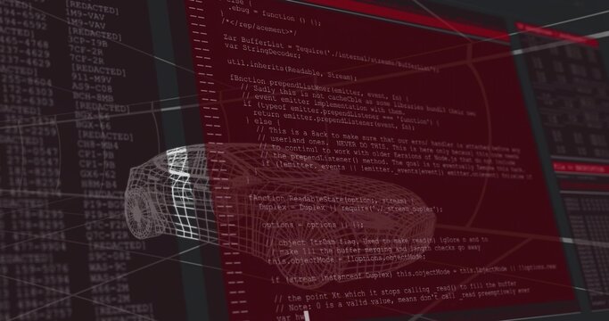 Displaying wireframe car model overlaying red code editor in software UI, showing logs and grid