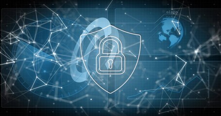 Glowing centered shield icon hovering over digital dashboard, showing padlock, globe, network mesh