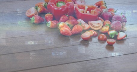 Displaying cluster strawberries halved-pepper cherry-tomatoes on wood-plank with seeds bluish-flare © vectorfusionart