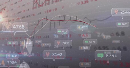 Naklejka premium Showing trading dashboard with red or white line graph, candlesticks, floating numeric callouts