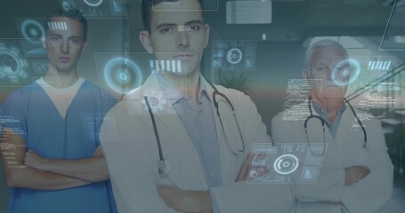 Standing center doctor wearing white coat and stethoscope in clinic corridor, HUD overlays