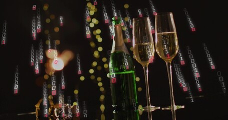 Displaying green champagne bottle with two flutes, cork and foil on black tabletop, binary overlay