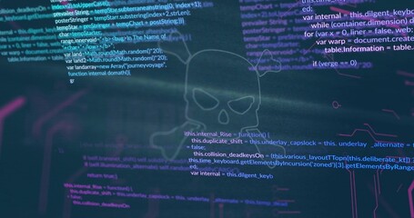 Naklejka premium Streaming skull emblem hovering on digital display, overlaying code, HUD rings, neon glitches