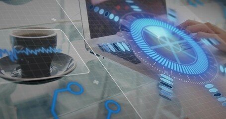 Typing hands in long-sleeves on laptop at glass tabletop, with coffee cup and AR interface