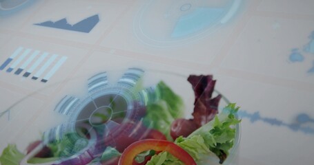 Displaying clear salad bowl on pale table with lettuce cherry tomatoes red pepper ring HUD overlays © vectorfusionart