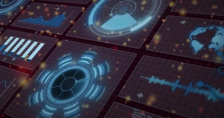 Fotobehang Buffet Displaying gear-shaped circular HUD glowing on dark gridded dashboard, with radar, waveform, globe  © vectorfusionart