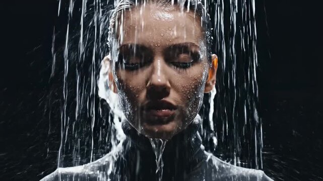 Abstract concept of a person's head exploding from digital chaos and information overload, with water pouring over a woman's face representing stress, anxiety, and mental burnout