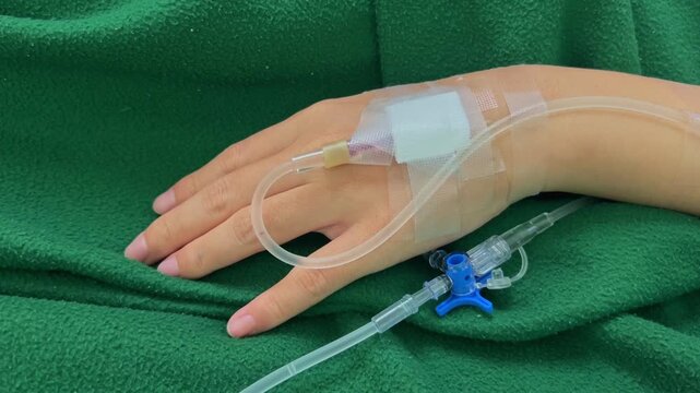 Close Up Patient Hand with Normal Saline IV Drip During Medical Treatment Care