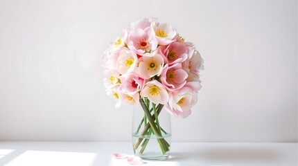 Naklejka premium Elegant Pink Flowers Clear Vase White Background